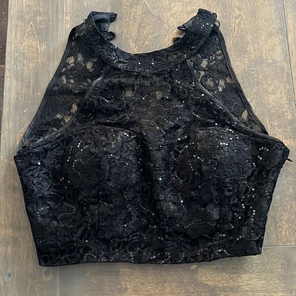 Haute nites black lace sequin  top part to gown Sz-11 - Picture 6 of 9
